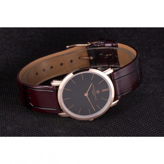 Vacheron Constantin Patrimony Black Dial Rose Gold Case Rich Maroon Leather Bracelet