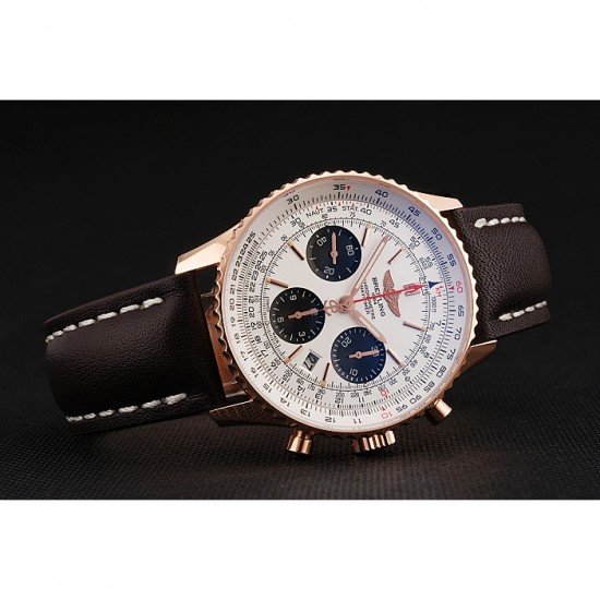 Swiss Breitling Navitimer 01 White Dial Black Subdials Rose Gold Case Brown Leather Strap
