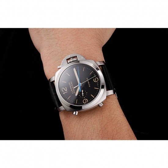Swiss Panerai Luminor Flyback Chronograph Black Dial Stainless Steel Case Black Leather Strap