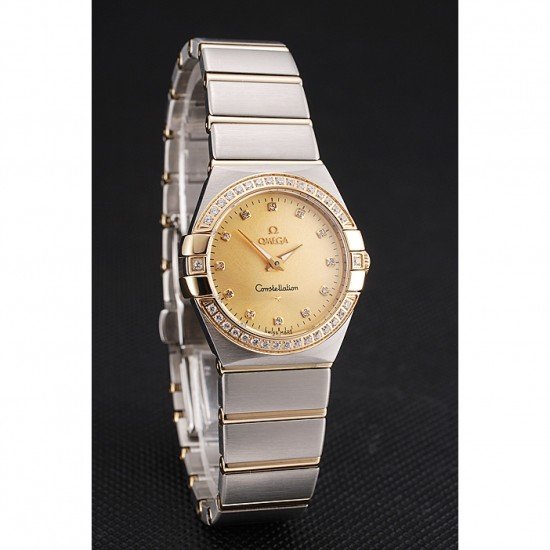 Swiss Lady Omega Constellation Crystal Encrusted Bezel Golden Dial 80293