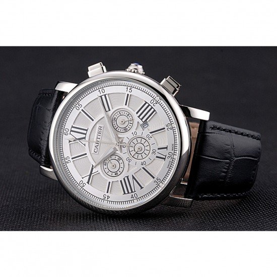 Cartier Rotonde Chronograph White Dial Stainless Steel Case Black Leather Strap