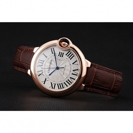 Swiss Ballon Blue De Cartier Gold Case White Dial Roman Numerals Brown Leather Bracelet 622651