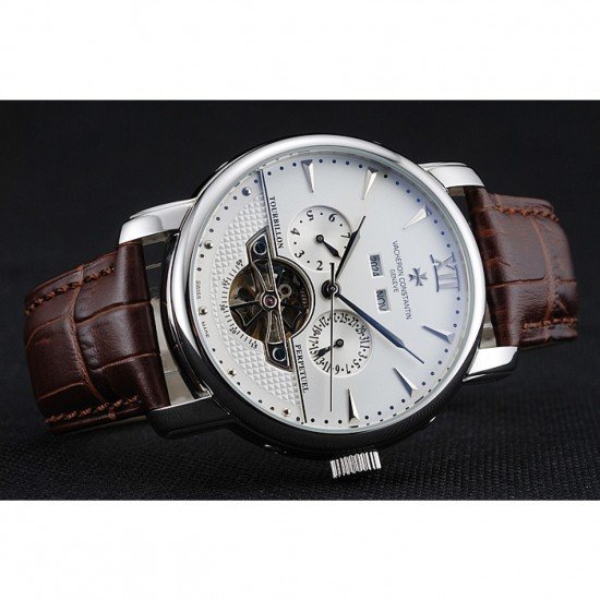 Vacheron Constantin Tourbillion Perpetual Calendar White Dial Silver Case Brown Leather Bracelet 1454277