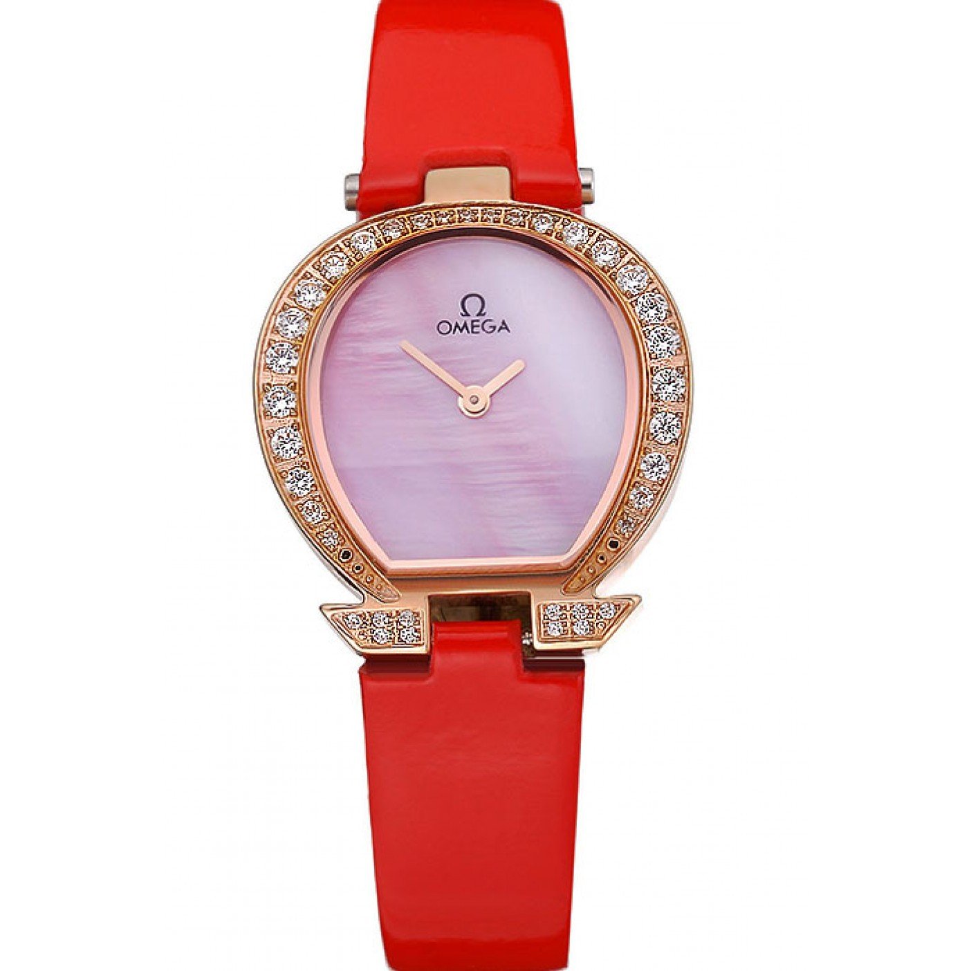 Omega Ladies Watch Pink Dial Gold Case With Diamonds Red Leather Strap 622831