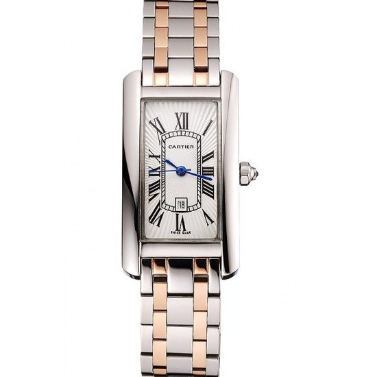 Cartier Tank Americaine 21mm White Dial Stainless Steel Case Two Tone Bracelet