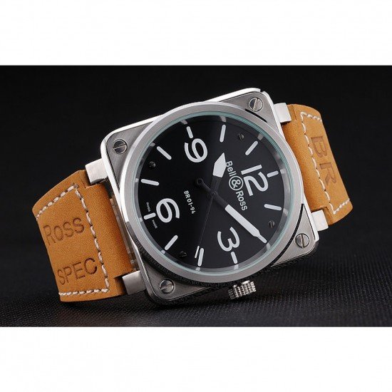 Bell and Ross BR 01-94 Black Dial Silver Case Brown Leather Strap