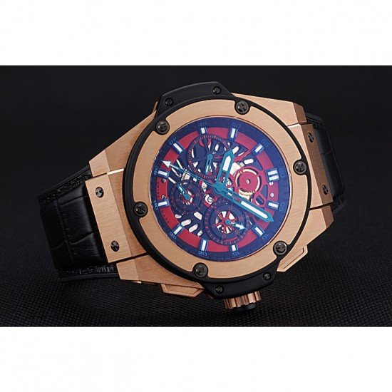 Swiss Hublot Big Bang Limited Edition Black And Red Dial Gold Case Black Leather Strap 62289