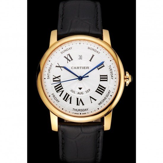 Swiss Cartier Rotonde Annual Calendar White Dial Gold Case Black Leather Strap