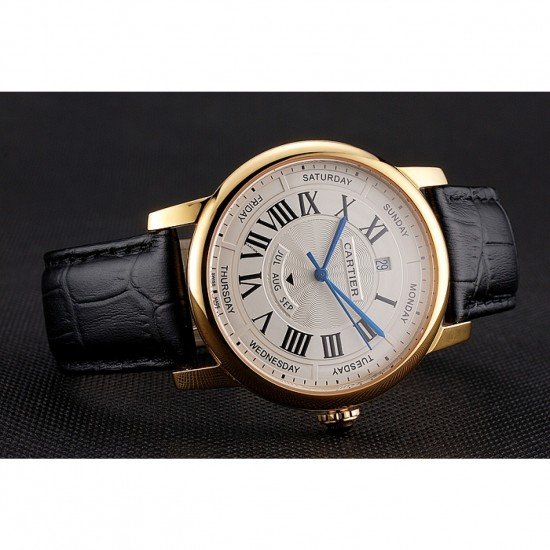 Swiss Cartier Rotonde Annual Calendar White Dial Gold Case Black Leather Strap