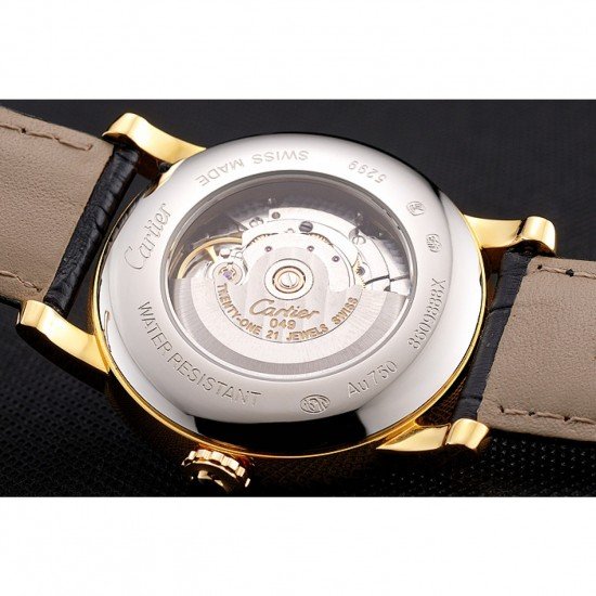 Swiss Cartier Rotonde Annual Calendar White Dial Gold Case Black Leather Strap