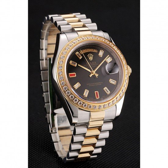 Swiss Rolex Day-Date Diamonds And Rubies Black Dial Two Tone Bracelet 1454105