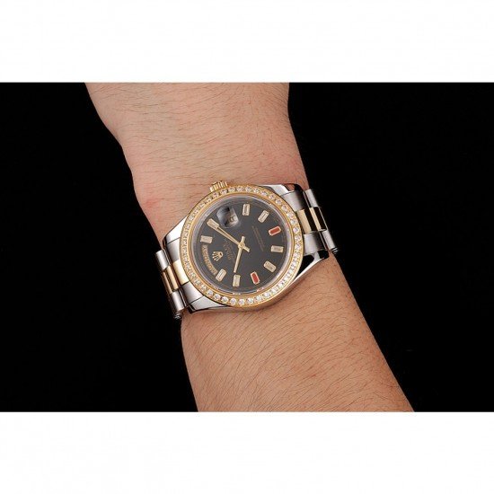 Swiss Rolex Day-Date Diamonds And Rubies Black Dial Two Tone Bracelet 1454105