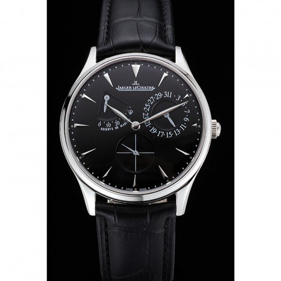 Swiss Jaeger LeCoultre Master Ultra Thin Reserve De Marche Black Dial Stainless Steel Case Black Leather Strap