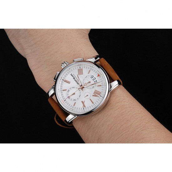 Montblanc Chronograph White Dial Brown Suede Leather Bracelet Silver Case 1454115