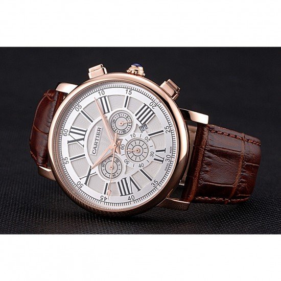 Cartier Rotonde Chronograph White Dial Rose Gold Case Brown Leather Strap