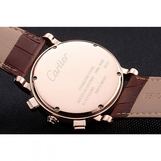 Cartier Rotonde Chronograph White Dial Rose Gold Case Brown Leather Strap