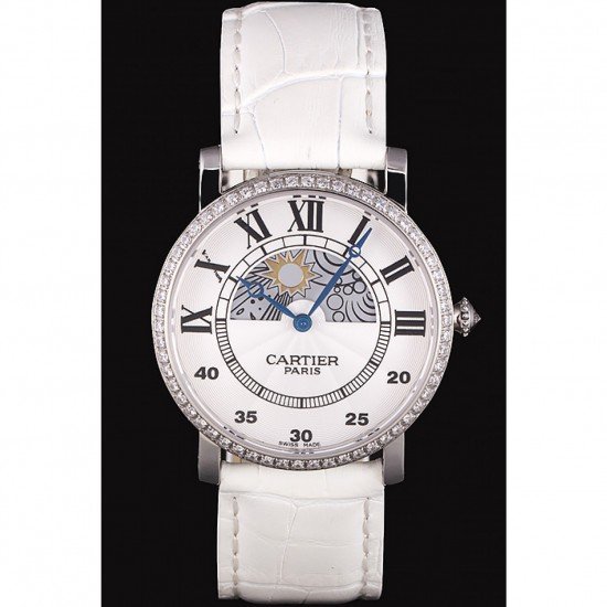Cartier Moonphase Silver Watch with White Leather Band ct257 621376