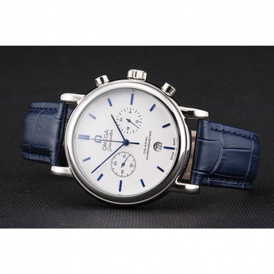 Omega Seamaster Vintage Chronograph White Dial Blue Hour Marks Stainless Steel Case Blue Leather Strap