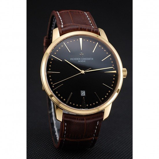 Swiss Vacheron Constantin Patrimony Black Dial Gold Case Brown Leather Bracelet 1454179