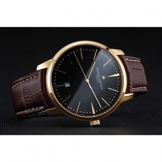 Swiss Vacheron Constantin Patrimony Black Dial Gold Case Brown Leather Bracelet 1454179