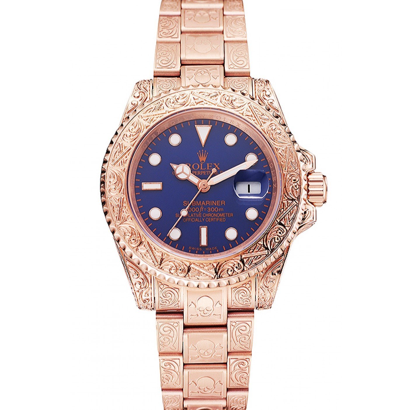 Swiss Rolex Submariner Skull Limited Edition Blue Dial Rose Gold Case And Bracelet 1454085