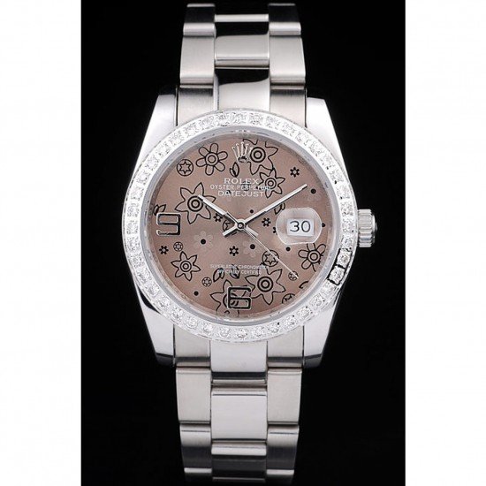 Rolex Datejust Polished Stainless Steel Brown Flowers Dial Diamond Plated