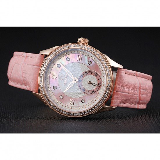 Omega DeVille Prestige Pink Dial Gold Diamond Case Pink Leather Bracelet 1454126