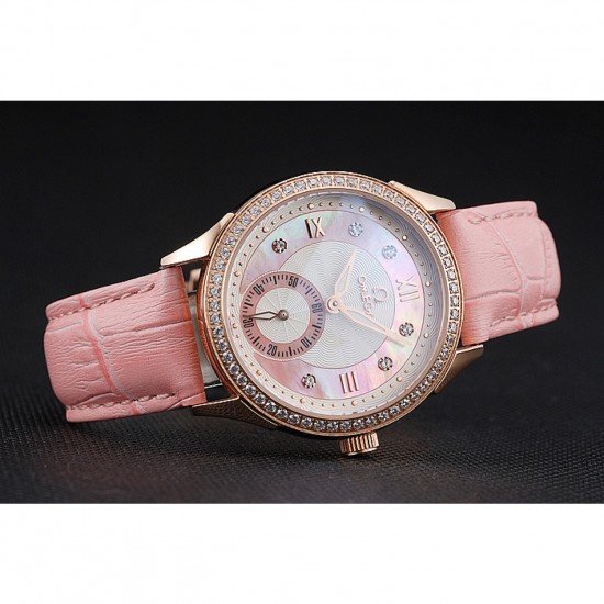 Omega DeVille Prestige Pink Dial Gold Diamond Case Pink Leather Bracelet 1454126