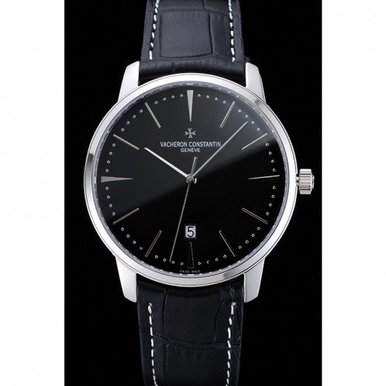 Swiss Vacheron Constantin Patrimony Black Dial Silver Case Black Leather Bracelet 1454156