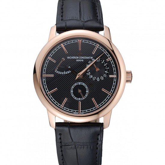 Vacheron Constantin Patrimony Power Reserve Black Dial Rose Gold Case Black Leather Bracelet 1454265