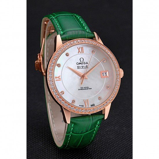 Omega DeVille Prestige Co-Axial Diamond Gold Case Mother-Of-Pearl Dial Green Leather Strap