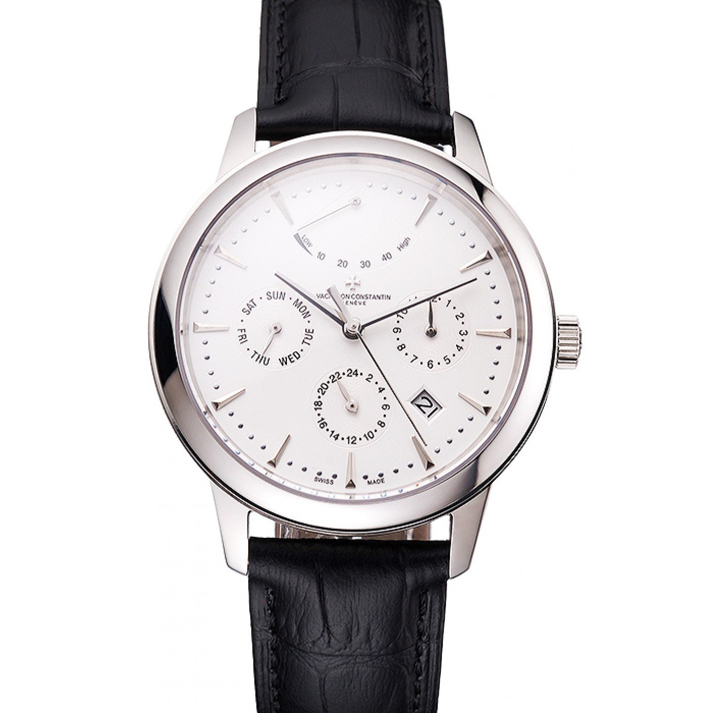 Swiss Vacheron Constantin Traditionnelle Power Reserve White Dial Stainless Steel Case Black Leather Strap