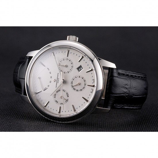 Swiss Vacheron Constantin Traditionnelle Power Reserve White Dial Stainless Steel Case Black Leather Strap