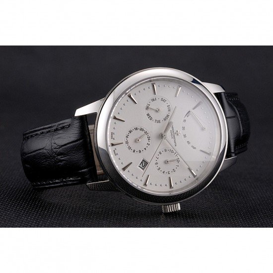 Swiss Vacheron Constantin Traditionnelle Power Reserve White Dial Stainless Steel Case Black Leather Strap