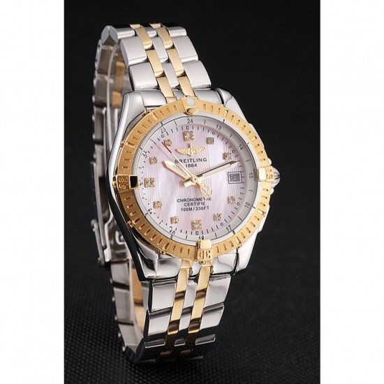 Breitling Colt Lady Pink Dial Diamond Hour Marks Gold Bezel Stainless Steel Case Two Tone Bracelet