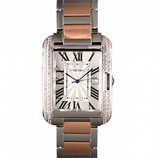 Cartier Tank Anglaise 36mm Silver Dial Diamonds Steel Case Two Tone Bracelet