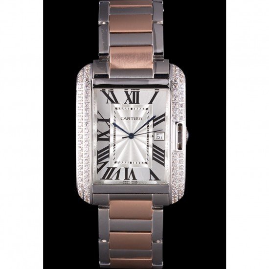 Cartier Tank Anglaise 36mm Silver Dial Diamonds Steel Case Two Tone Bracelet