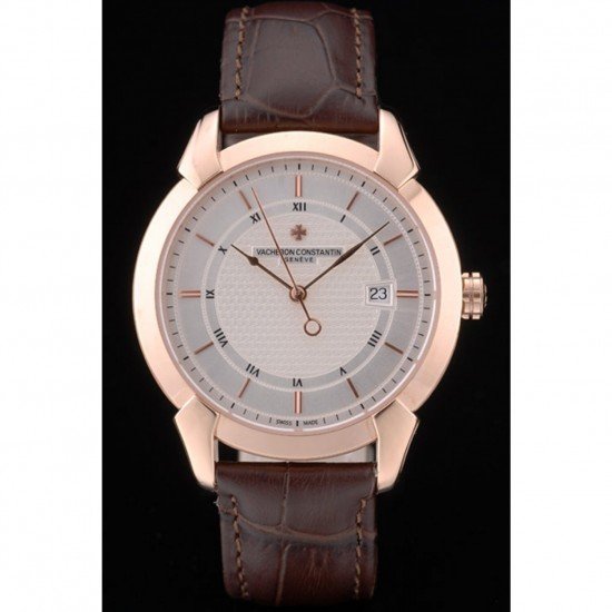 Swiss Vacheron Constantin Traditionnelle White Dial Rose Gold Case Brown Leather Bracelet