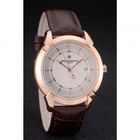 Swiss Vacheron Constantin Traditionnelle White Dial Rose Gold Case Brown Leather Bracelet