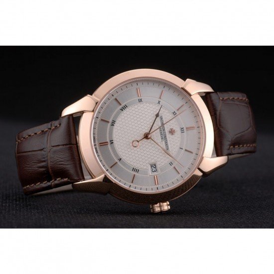 Swiss Vacheron Constantin Traditionnelle White Dial Rose Gold Case Brown Leather Bracelet