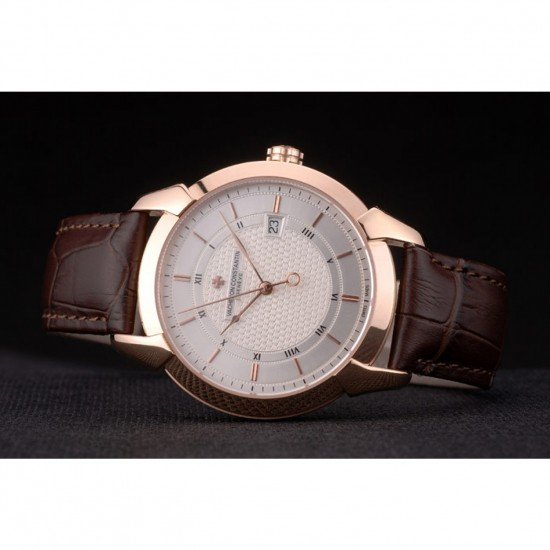 Swiss Vacheron Constantin Traditionnelle White Dial Rose Gold Case Brown Leather Bracelet