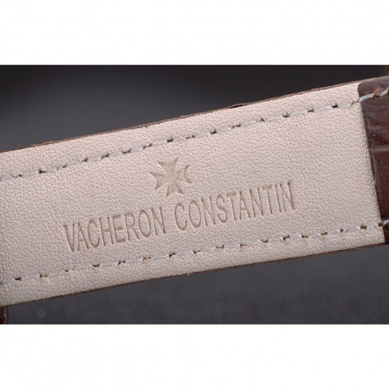 Swiss Vacheron Constantin Traditionnelle White Dial Rose Gold Case Brown Leather Bracelet