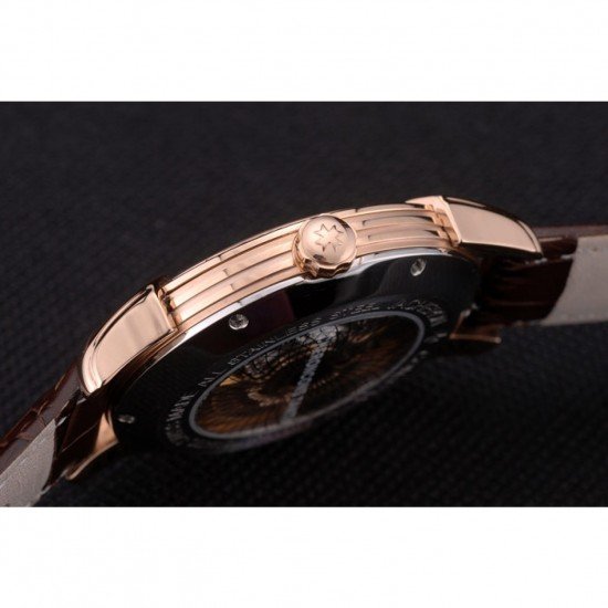 Swiss Vacheron Constantin Traditionnelle White Dial Rose Gold Case Brown Leather Bracelet