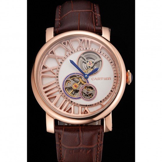 Cartier Rotonde De Cartier Flying Tourbillon White Dial Rose Gold Numerals Rose Gold Case Brown Leather Strap