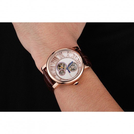 Cartier Rotonde De Cartier Flying Tourbillon White Dial Rose Gold Numerals Rose Gold Case Brown Leather Strap