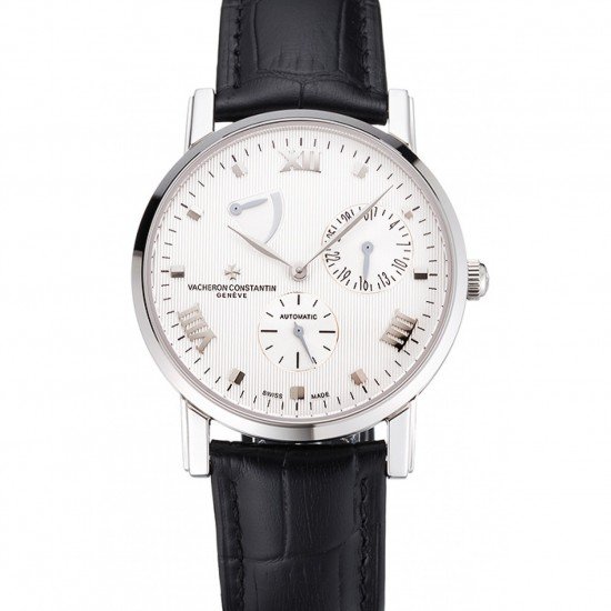 Swiss Vacheron Constantin Patrimony Quantieme Reserve De Marche White Dial Stainless Steel Case Black Leather Strap