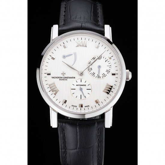 Swiss Vacheron Constantin Patrimony Quantieme Reserve De Marche White Dial Stainless Steel Case Black Leather Strap