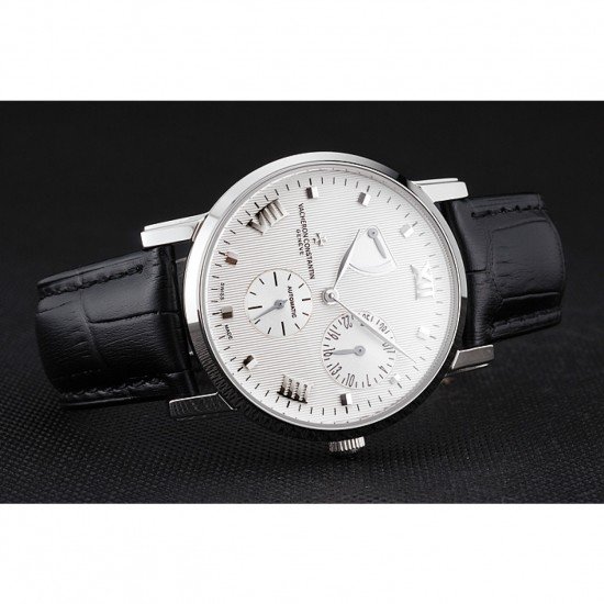 Swiss Vacheron Constantin Patrimony Quantieme Reserve De Marche White Dial Stainless Steel Case Black Leather Strap