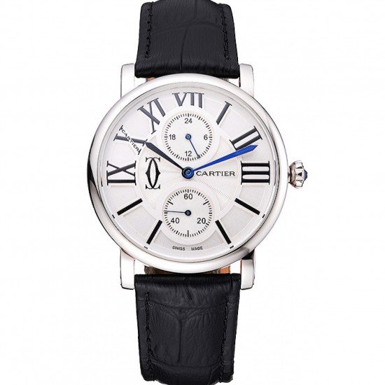 Cartier Ronde Second Time Zone White Dial Stainless Steel Case Black Leather Strap 622798