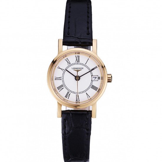 Longines La Grande Classique White Round Dial Gold Case Black Leather Band Small 622383